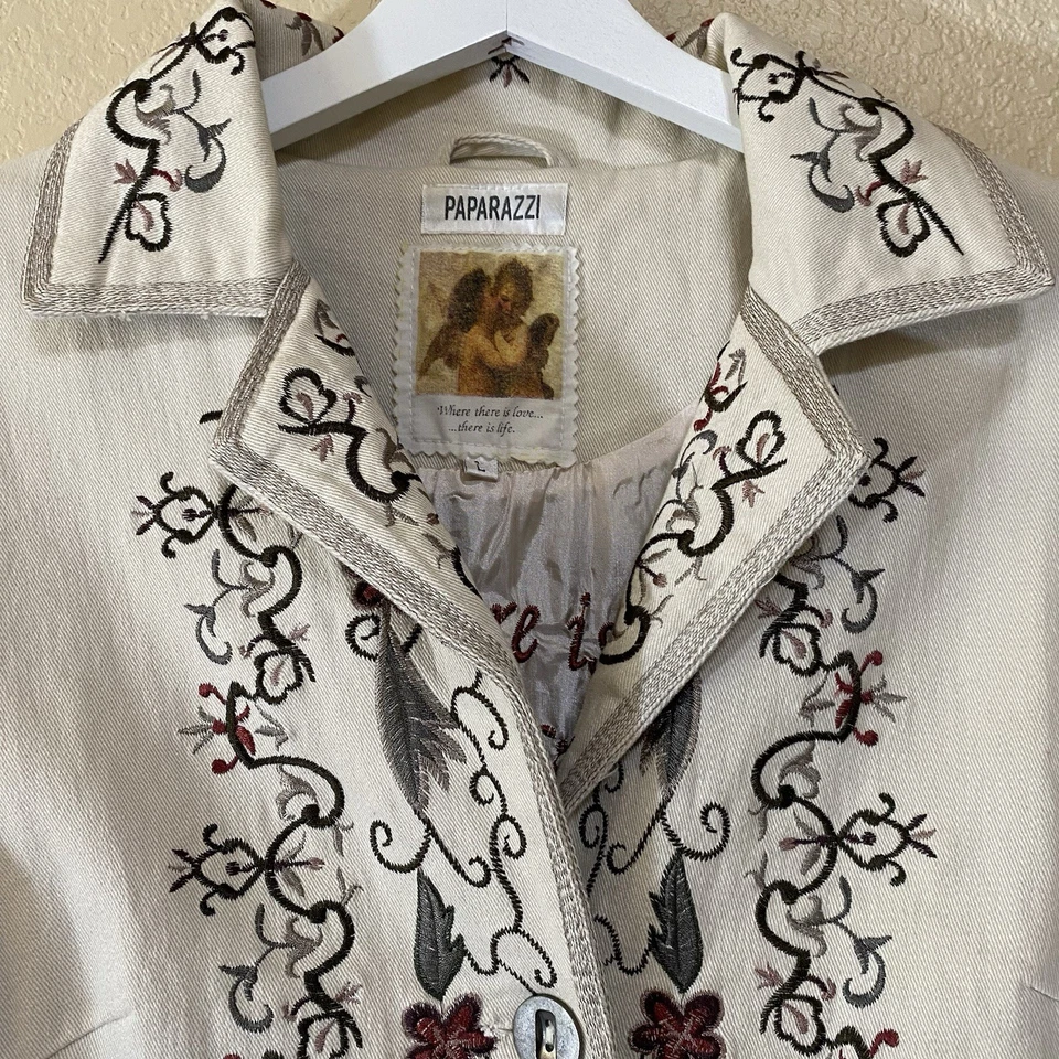 Пальто с вышивкой Paparazzi от Biz размер Large смесь хлопка цвета слоновой кости - Изображение 3 из 4