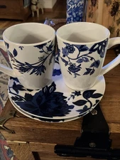 Royal Norfolk Blue Floral Mugs and Plates 2 Cups & 2/7.5” Plates.