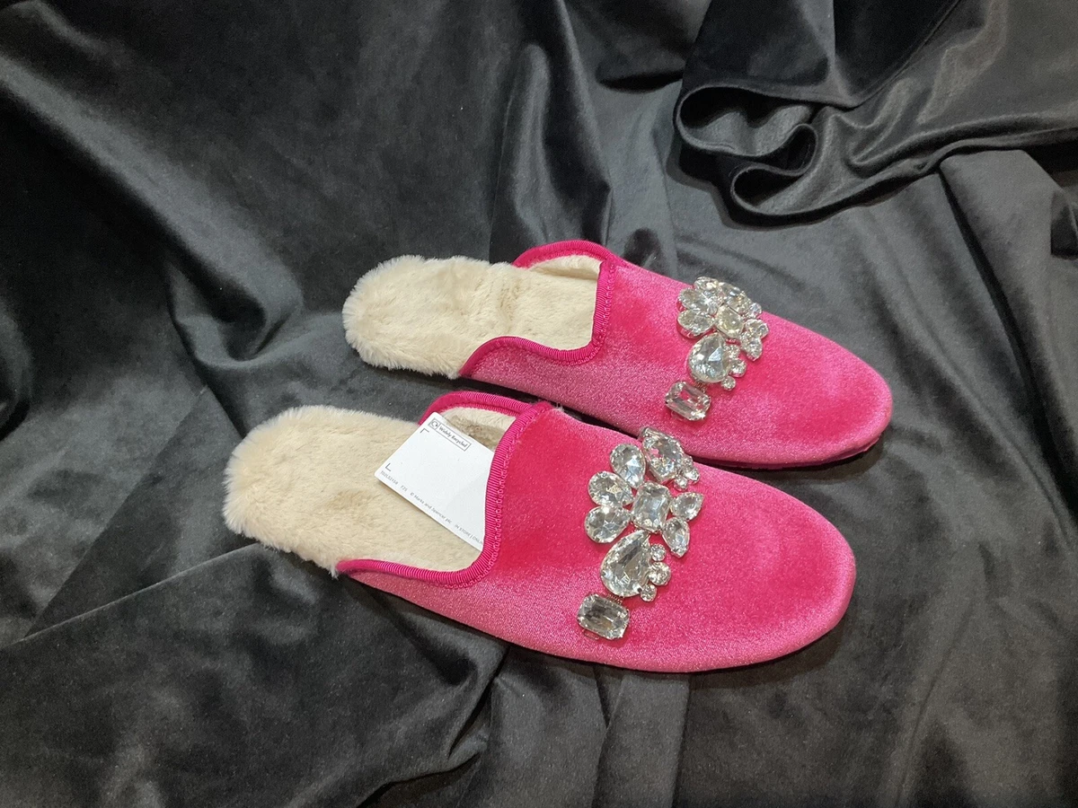 M S Ladies Pink Velvet Jewelled Mules Slippers BNWT Size 4