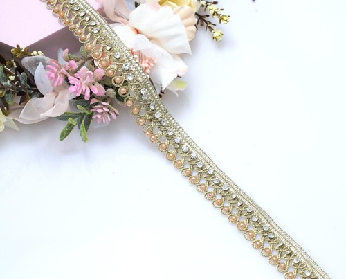1 MT Scallop Metallic colours Rhinestone Zari Trim Edging border SewOn Embellish - Picture 8 of 27