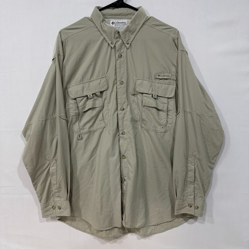 VTG Columbia Fishing Shirt Mens M Tan PFG Vented Nylon Button Up Outdoor Safari