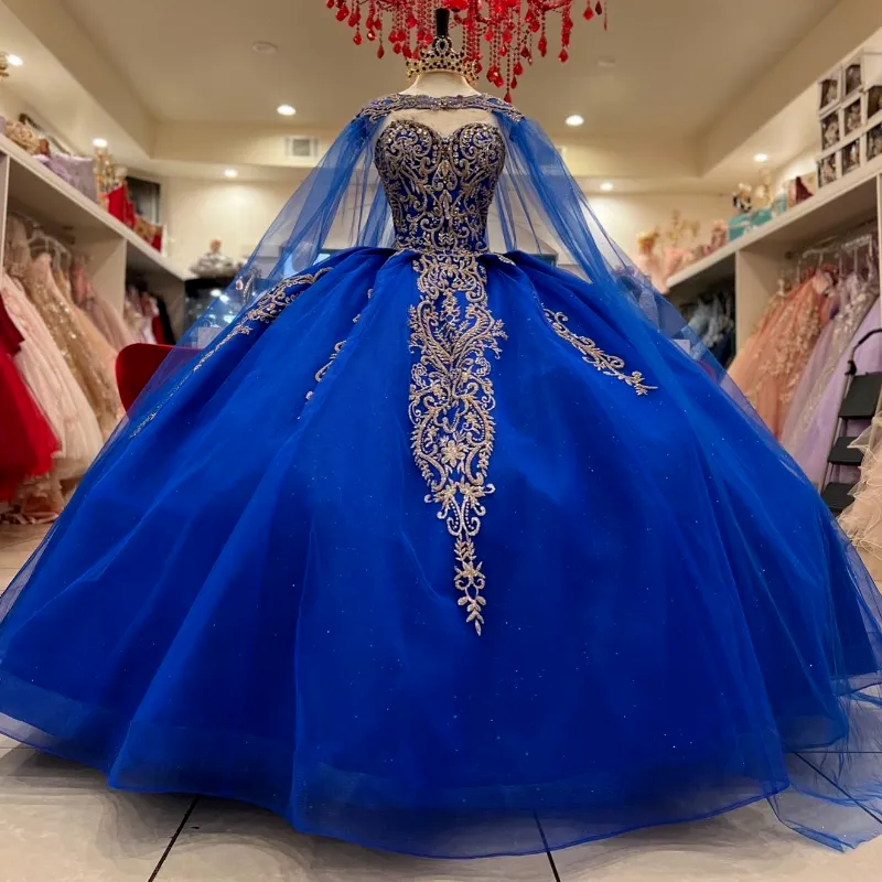 Royal Blue Quinceanera Dresses with Cape Sweet 16 Gold Appliques Prom Ball  Gowns