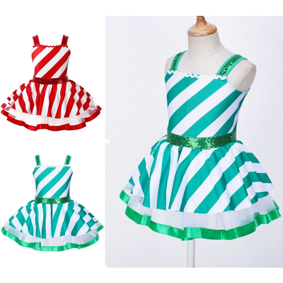 Niños Niñas Fiesta de Navidad Tutú Vestido Bastón de Caramelo Rayas Lentejuelas Leotardo Vestido Foto 4 de 4