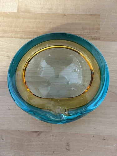 Vintage Murano clear bowl with turquoise rim Seguso Italian Glass Bowl Ashtray