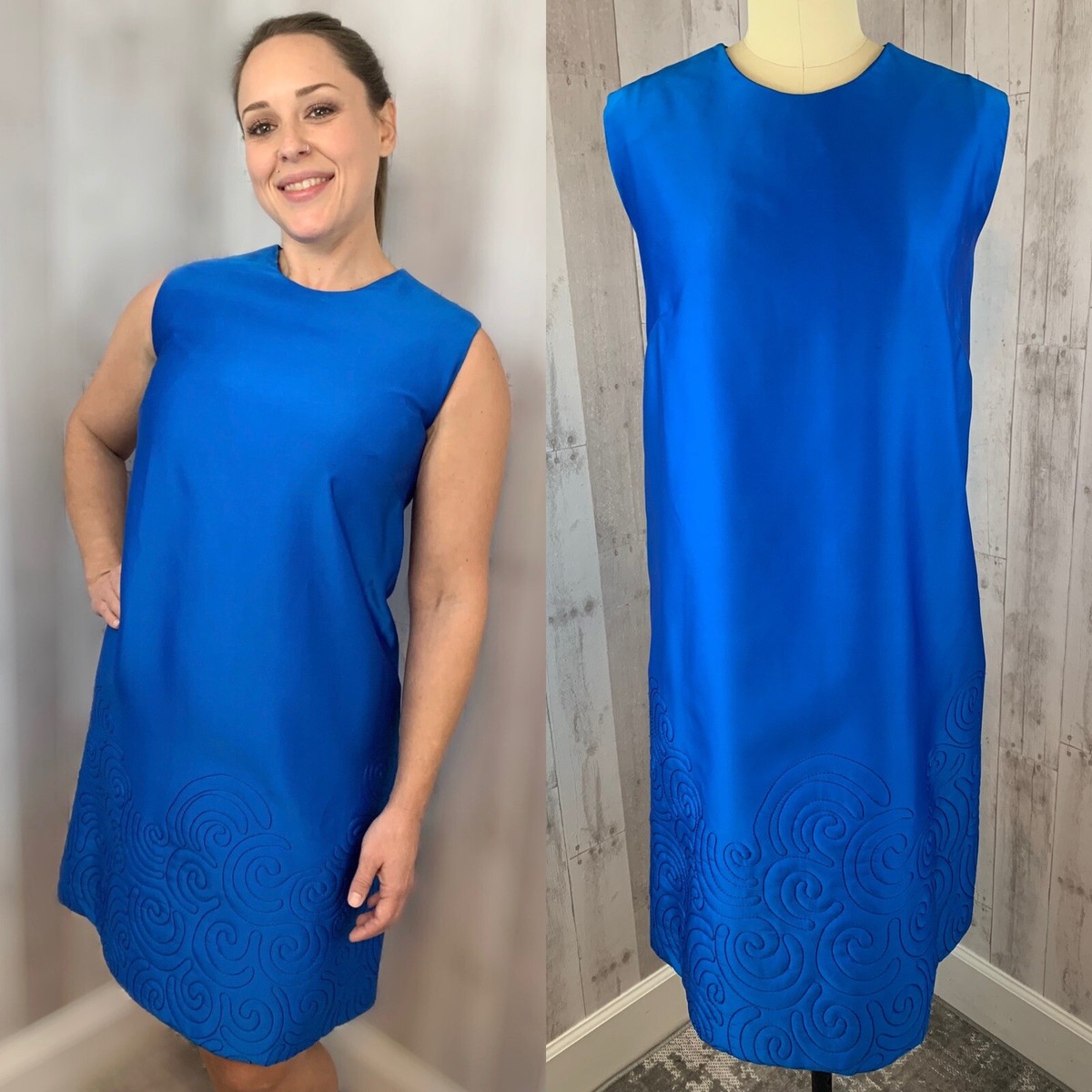 1960sBritish Vintage MOD Shift Dress~Quilted Electric Blue Satin Tent  S/M