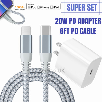 20W USB C Power Adapter PD Fast Charger Cable 6ft For Apple iPhone 14 13 12 11 8