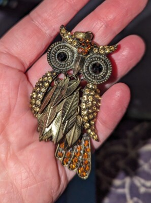 Owl PENDANT ONLY Open Work Metal Amber Rhinestone Bronze Tone 3D Feathers 2 1/2''