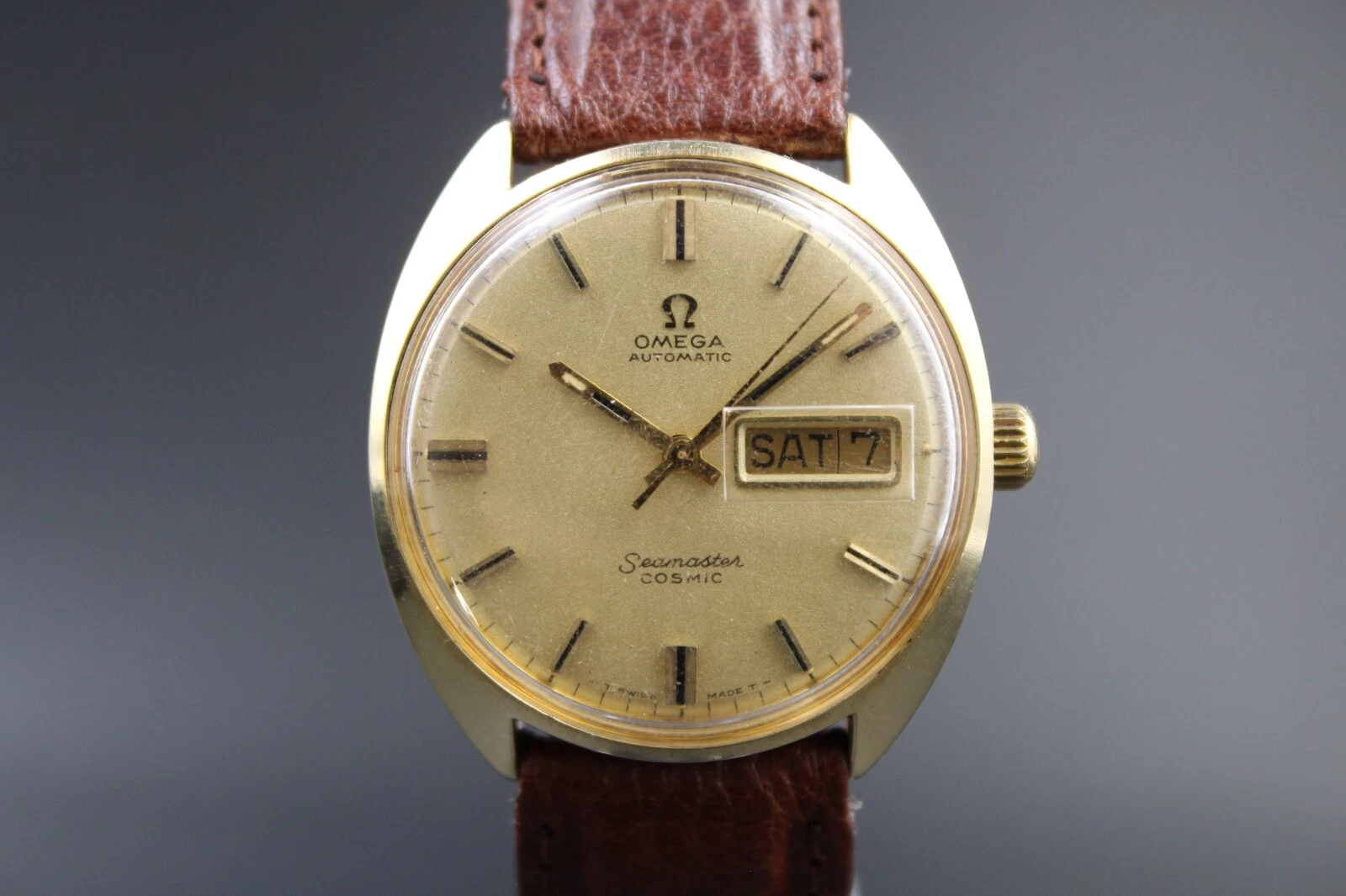OMEGA SEAMASTER COSMIC DAY DATE VINTAGE TESTATO ORO RIEMPITO + CINTURINO IN PELLE
