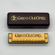 Grand Ole Opry Golden Colored Harmonica With Case C Major Souvenir Tested