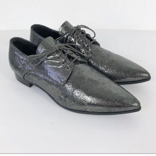 Miu Miu Silver Metallic Loafers Pointed Toe Lace Up Shoes Leather Size 5  $295 - Picture 1 of 8