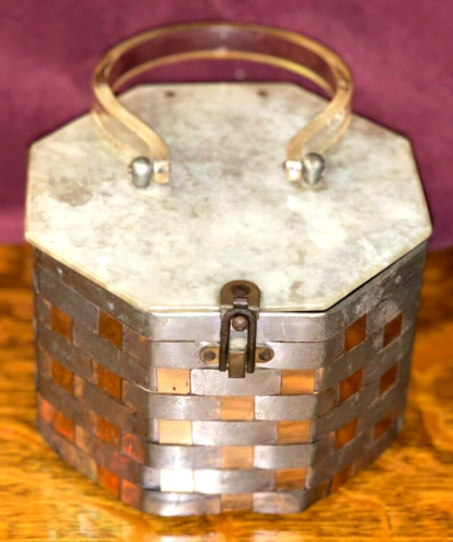 1950's PURSE~ 6 X 4 X 6" DORSET REX~WOVEN GOLD~ LUCITE CHROME~HEPTAGON