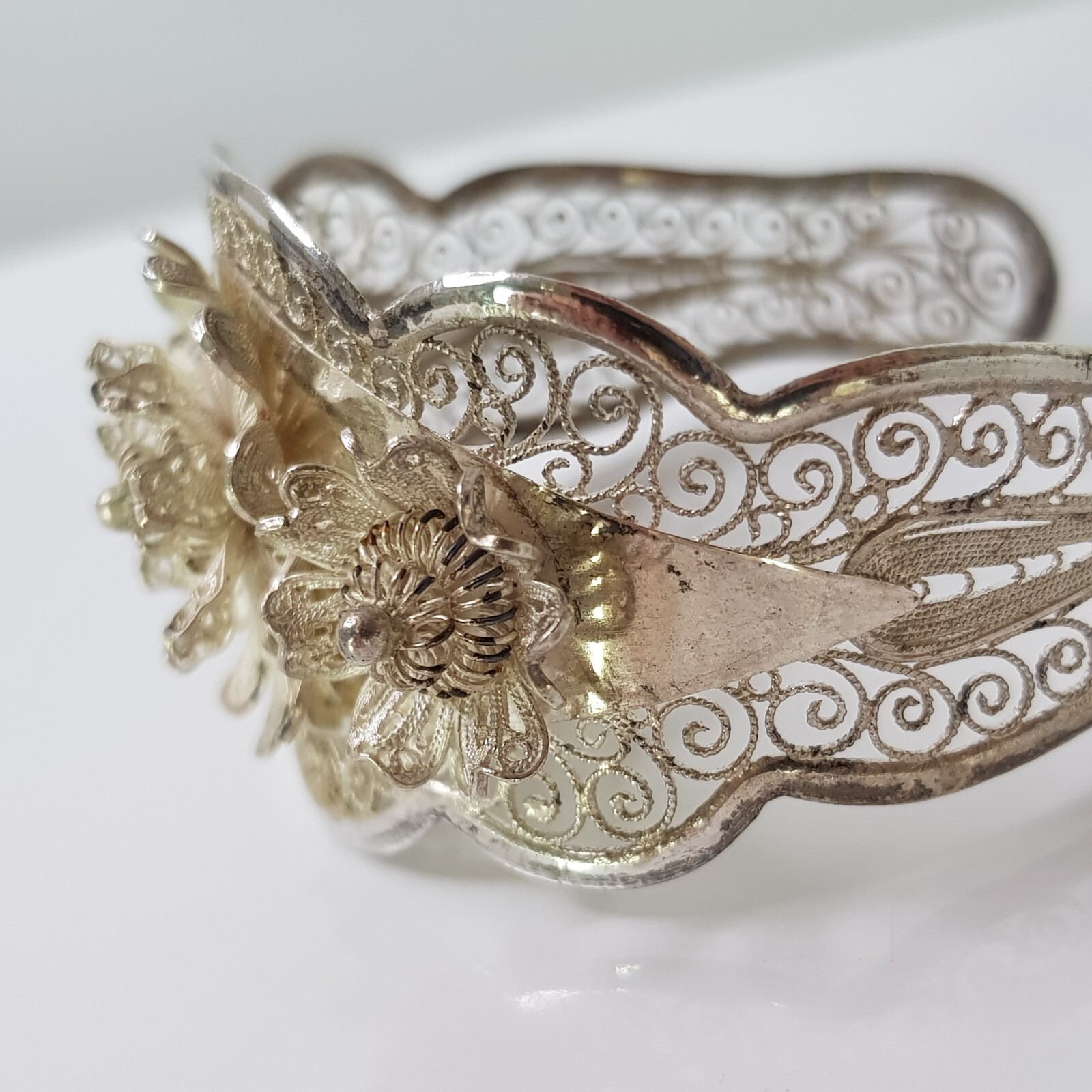 Vintage 900 Solid Silver Filigree Cuff Bangle Flo… - image 5