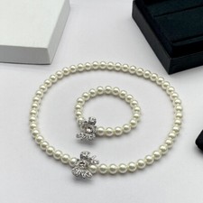 Classic Women Girls Pearl Crystal Bow Cute Choker Necklace Bracelet Jewelry Set