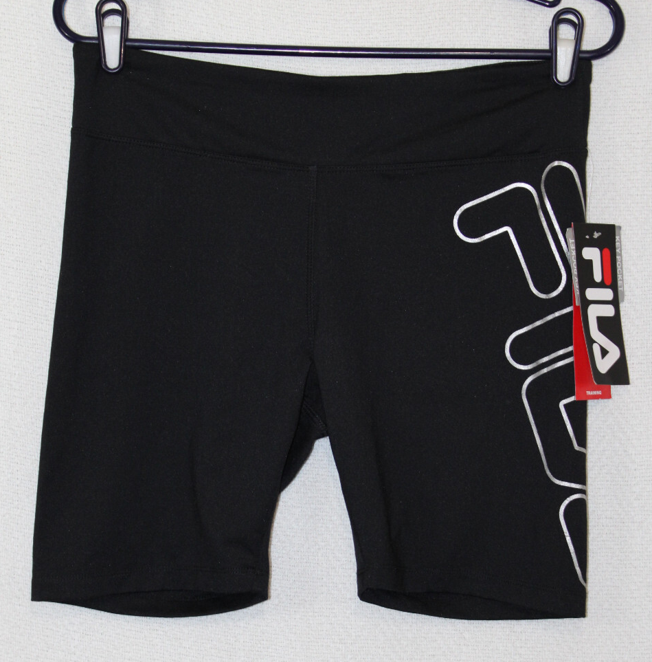 Pantaloncini donna allenamento atletico Fila taglia M neri nuovi con etichette tasca chiave