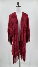 Free People Womens Red Floral Detail Embroidered Fringe Kimono Sz XS/S