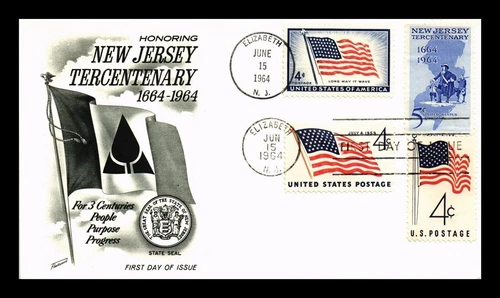NEW JERSEY TERCENARY STATE HOUSE 1964 FLEETWOOD CACHET FLAGS COMBO FDC UNADDR