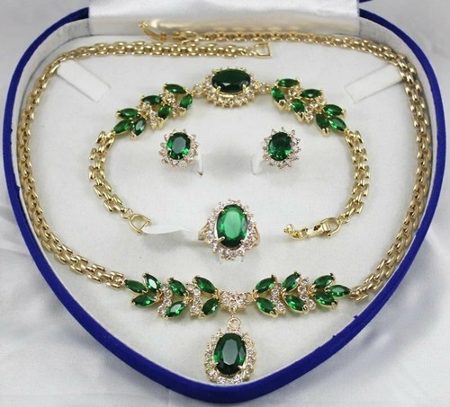 Green Jade 18K Gold Plated Necklace Link Bracelet Earrings Ring Jewelry Set AAA - Picture 27 of 140