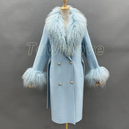 OFF WHITE Vendita calda cappotto lungo lana donna pelliccia di agnello mongolo collo polsino slim vera pelliccia cappotto