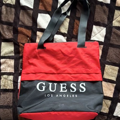 GUESS Red Black Colorblock Logo Tote Bag Zip Closure Shoulder Strap Women