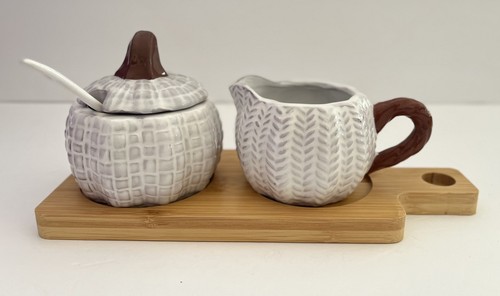 NIB Hobby Lobby White Pumpkin Sugar w/ Spoon and Creamer on Wood Tray SALE!