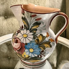 Vintage Castelli Italy Ceramic Floral Pitcher, Hand Painted 7.5” x 6” Preloved