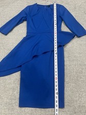 Elegant Blue Knit Sheath Midi Dress Layered Pleated Zip Round Neck XS