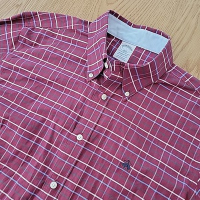 Brooks Brothers Shirt Mens Large Burgundy Plaid Regent NonIron Stretch Button Up