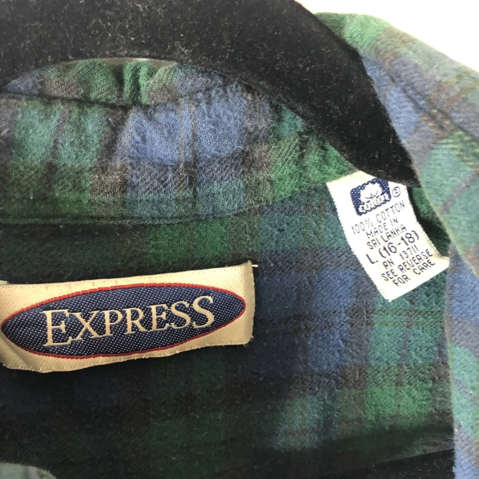 Camisa Express Niños Vintage Franela Bolsillo en el Pecho Algodón Cuadros Azul Verde L Foto 3 de 3