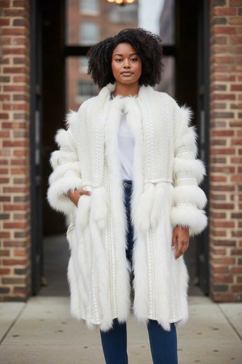 Vintage SCHJELDE Fox Fur Shawl Long Coat Large Ivory Mohair Ribbon