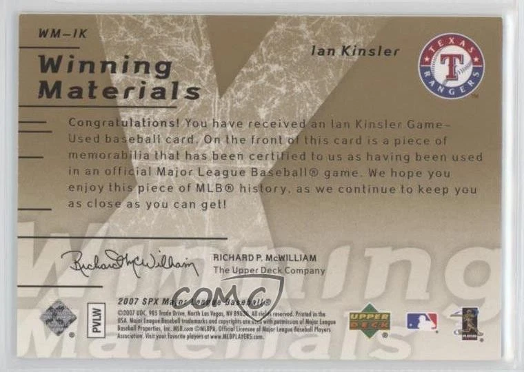 2007 SPx Winning Materials Gold /199 Ian Kinsler #WM-IK - Image 2 of 2