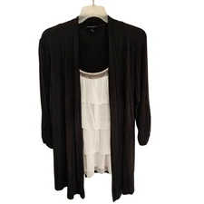 I.N. Studio Twofer Womens Small Black Open Front White Tiered Ruffle Top