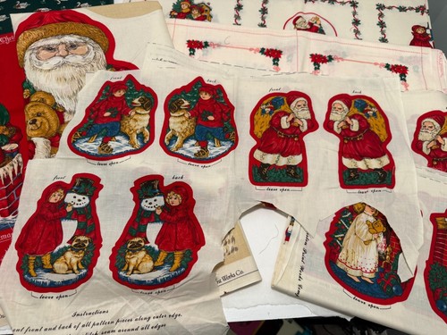 Vtg Christmas Cranston Fabric Panel LOT 7 Uncut Cranston Santa Ornaments Sack FS - Picture 4 of 15
