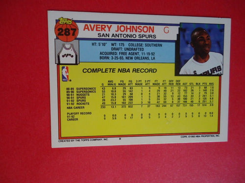 Avery Johnson - 1992 Topps Autographed Basketball card # 287 - San Antonio Spurs - Picture 2 of 2