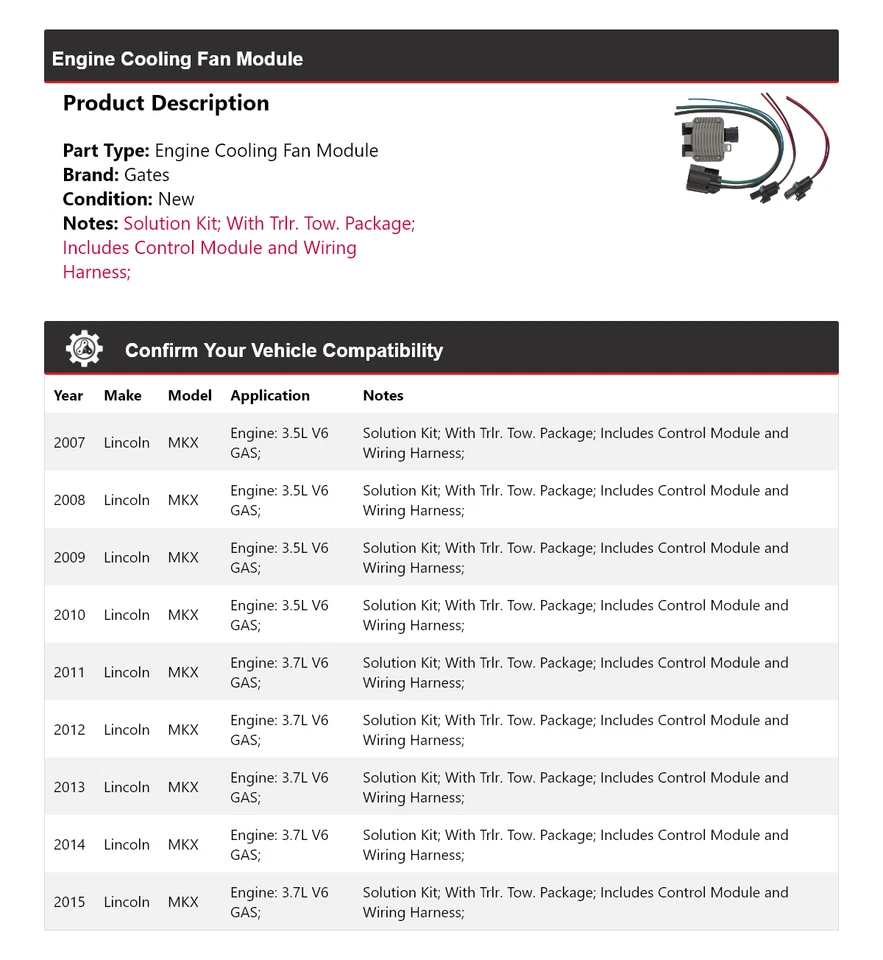 Módulo de ventilador de refrigeración del motor Lincoln MKX 2007-2015 puertas 2008 2009 2010 2011 Foto 2 de 4