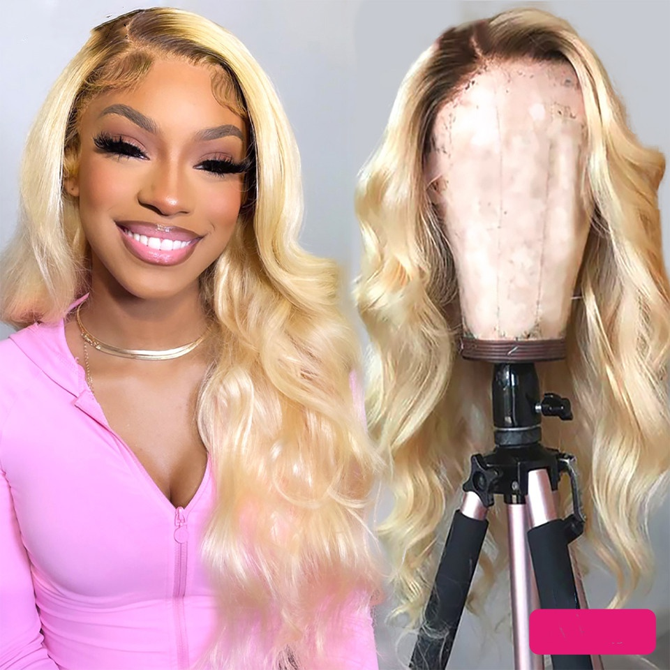 4 Brown Root 13X6 Lace Frontal Wigs Human Hair Ombre Blonde  display picture 3