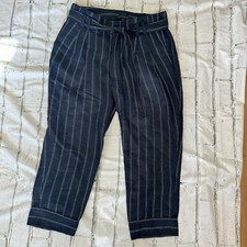 Banana Republic Avery Navy Stripe Crop Linen Blend Pants OP Womens Pockets Belt