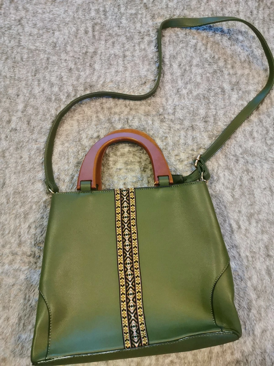 Miss Lulu Green Aztec Strip Wooden Handles Tote Shoulder Bag
