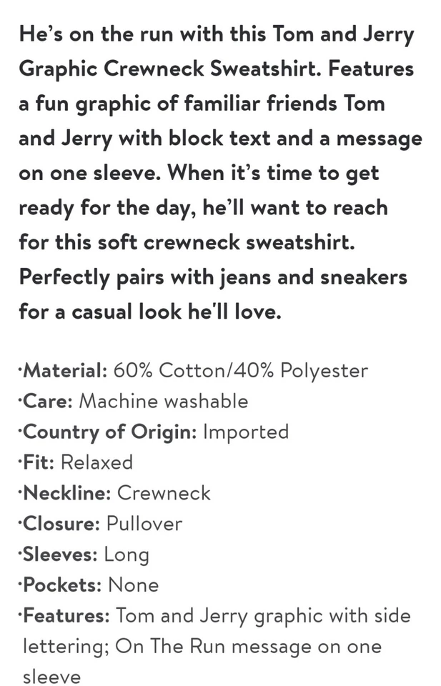 Sudadera Tom And Jerry Boy Bordada Manga Larga Estampado Gráfico Talla S NUEVA Foto 4 de 4