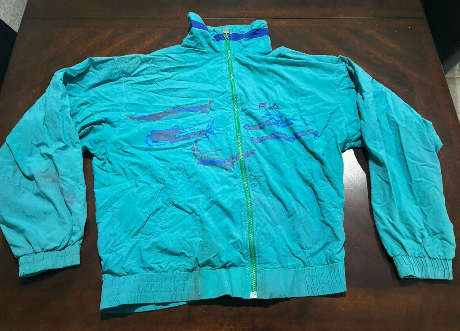 Giacca da uomo vintage Fila blu verde colorblock frangivento finta collo taglia M.