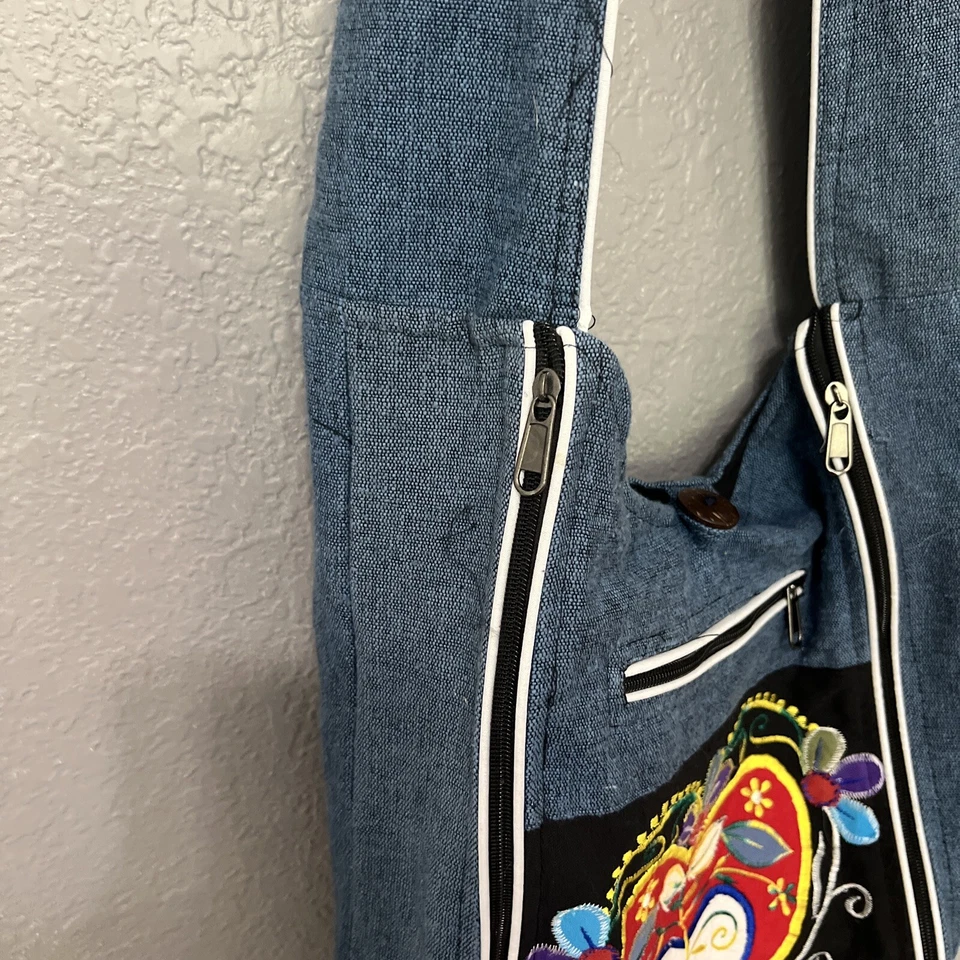 Bolso Hobo Hippie Denim Bordado Corazón Algodón Nepal Correa Larga Boho Cremalleras Foto 3 de 4