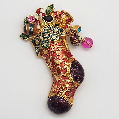 Miriam Haskell Christmas Stocking - Gold Tone Enamel Dangle Brooch Pin / Pendant
