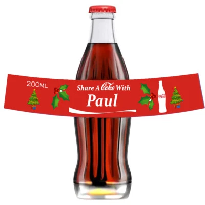 4 X PERSONALISED CHRISTMAS COCA COLA GLASS BOTTLE XMAS LABELS TO FIT 250ML COKE