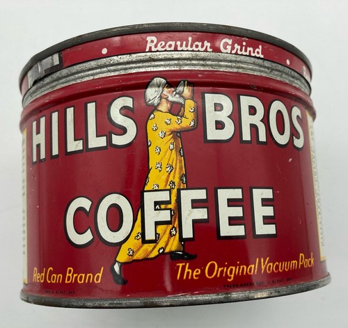 Vtg (1930s) Hills Bros Brothers 1 LB Coffee Can Tin Advertising w/original Lid - Picture 2 of 7