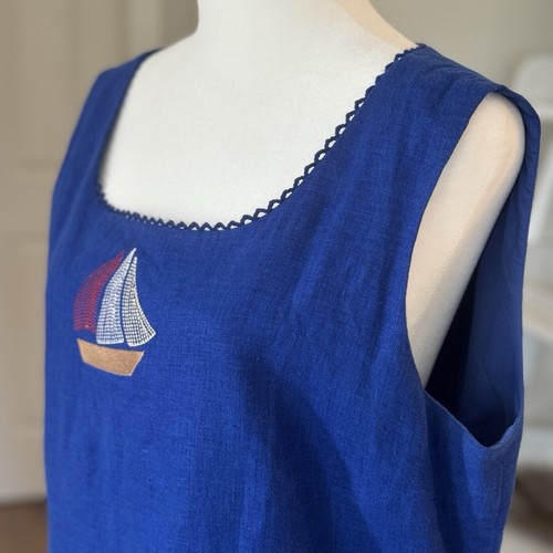 Vtg 90s Linen Sailboat Embroidered Sleeveless Tank Shift Dress Lined Sz M 8/10 - Picture 2 of 12