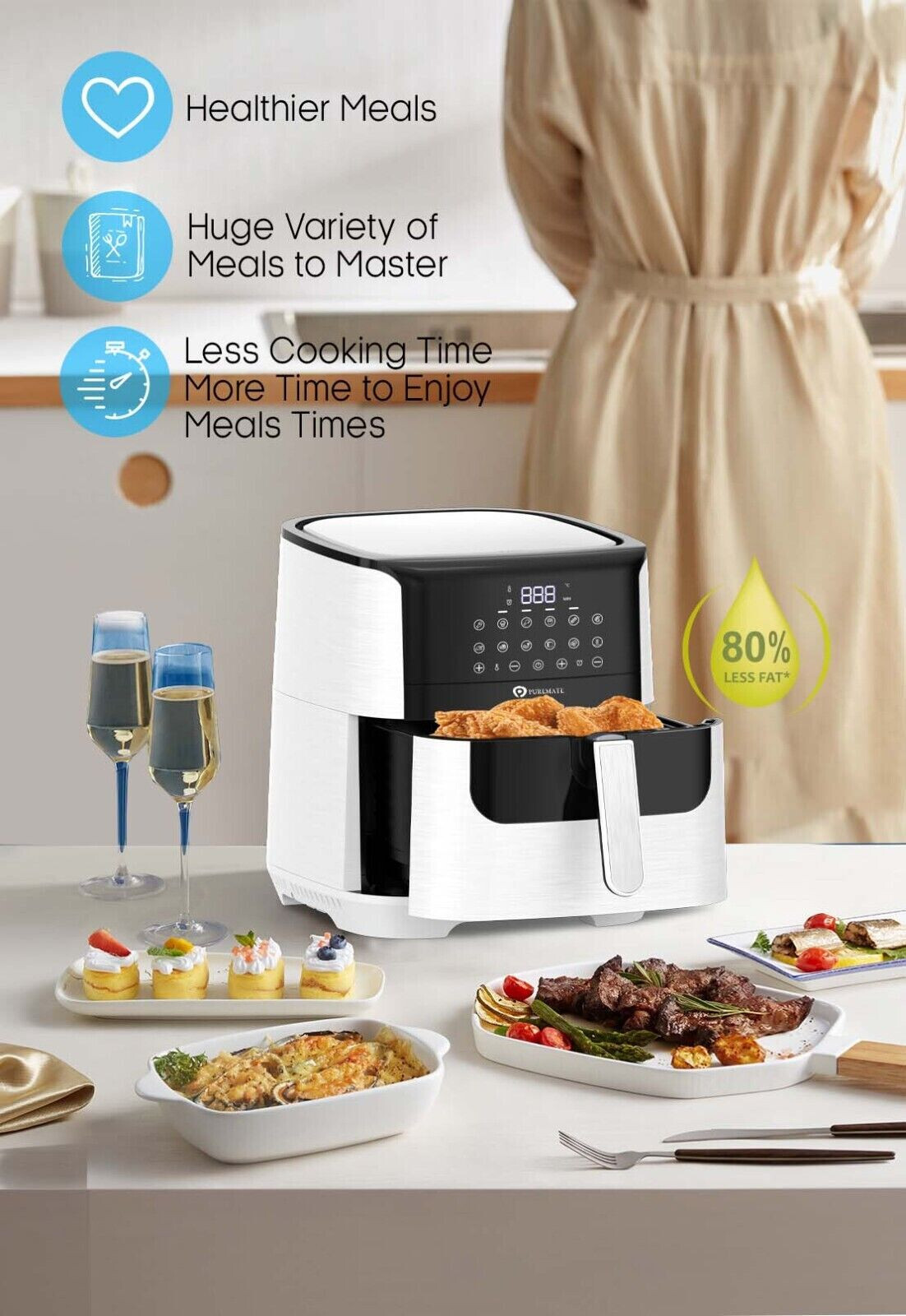 PureMate 7L Digital Air Fryer, Low Fat Oil Free Timer & 7 Preset