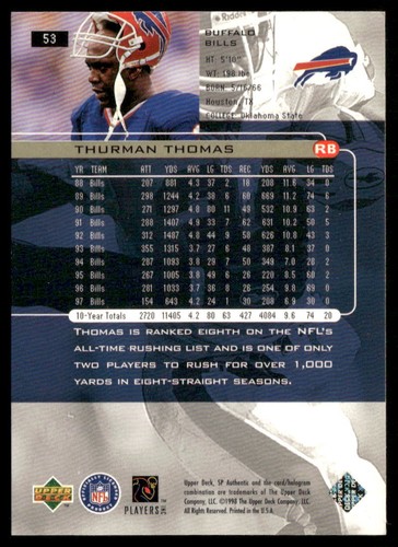 Thurman Thomas 1998 SP Authentic #53 Buffalo Bills - Bild 2 von 2