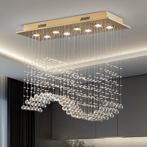 Siljoy Modern Crystal Chandelier Gold Rectangular Wave Raindrop Chandelier 8 ...