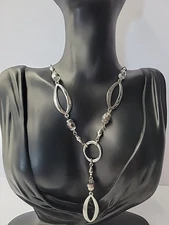 Vintage Lia Sophia Necklace Y Drop Silver Tone Beaded Jewelry Costume