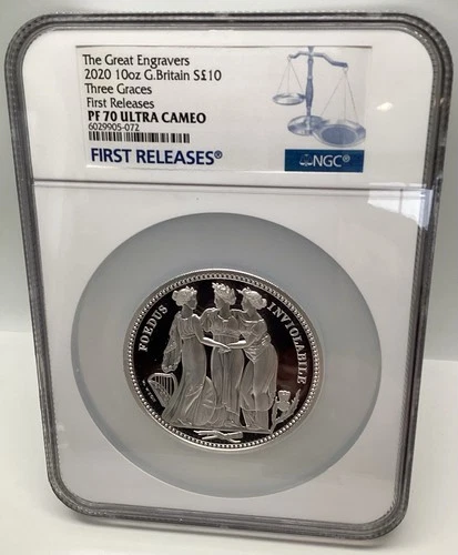 2020 10 oz G. Britain Silver 10 Pound Great Engravers Three Graces NGC PF70 UC
