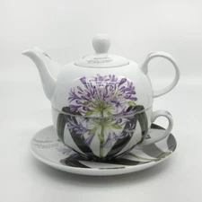 Agapanthus Floral Tea-for-One Set – Teapot, Cup & Saucer – Botanical Porcelain 